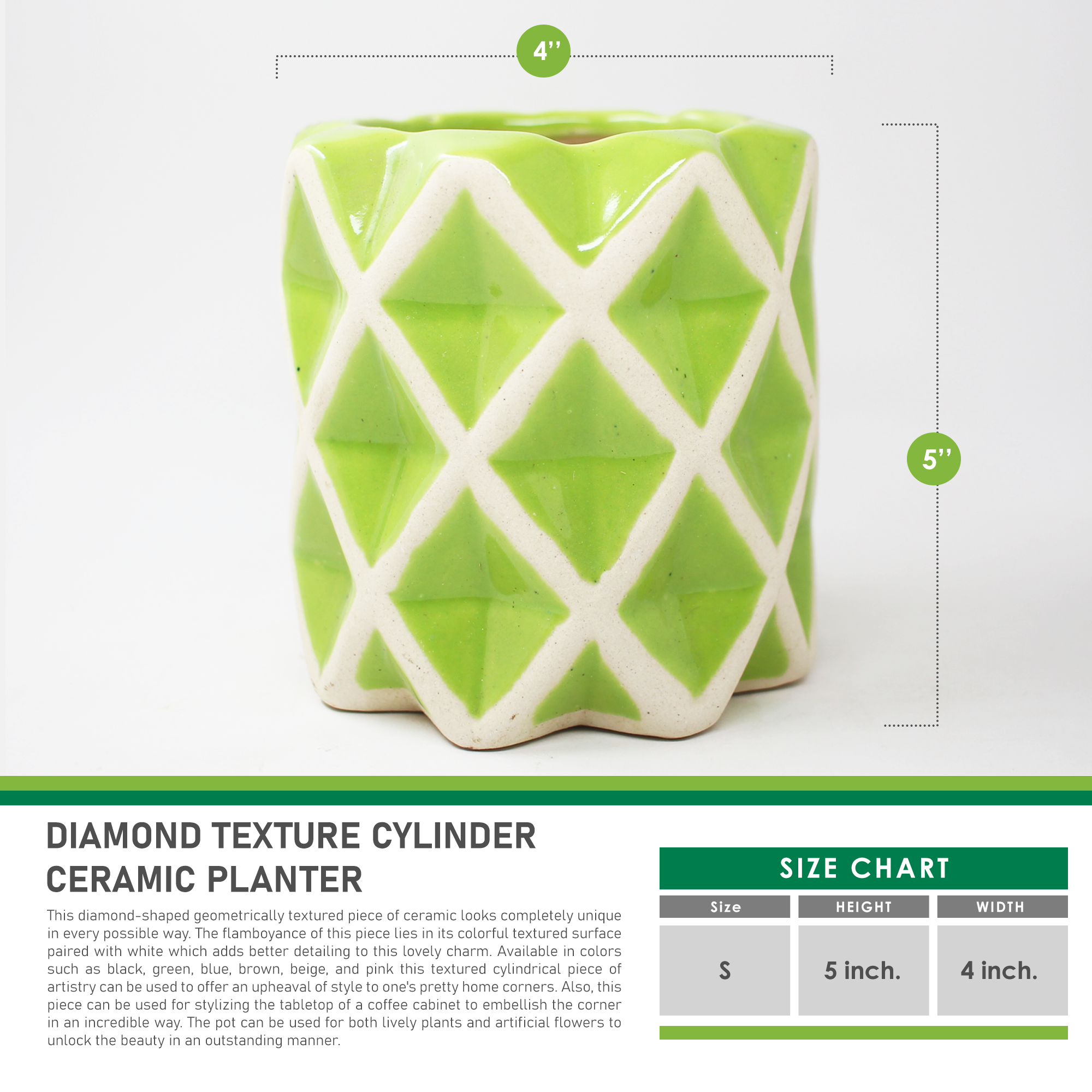 7 Diamond Texture Cylinder Ceramic Planter